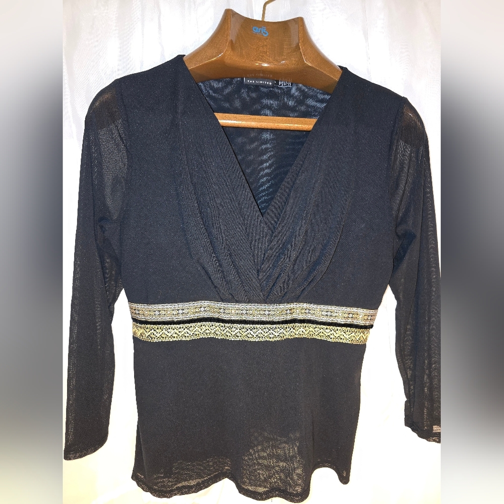 Black Sheer Whimsy‎ Goth V Neck with Gold Accents Coquette Layer Evening